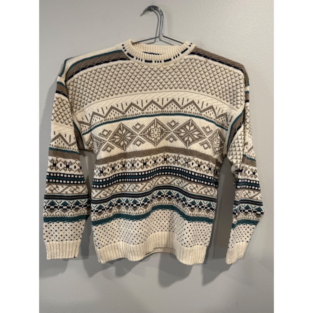 John Weitz Mens Geometric Pattern‎ Knit Sweater L Cream Brown Teal